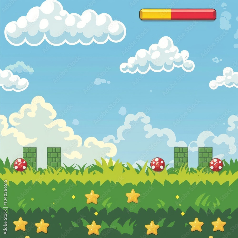 Pixel art game background with button level up Pixel art game background with button level up
