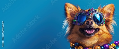 Pomeranian dog in crystal decorated sunglasses and beads on blue background. Pet carnival and party accessories marketing