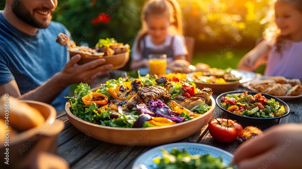A family enjoys a meal outside. A family enjoys a meal outside.