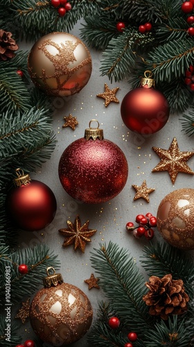 Festive Christmas Ornaments with Pine Branches and Berries