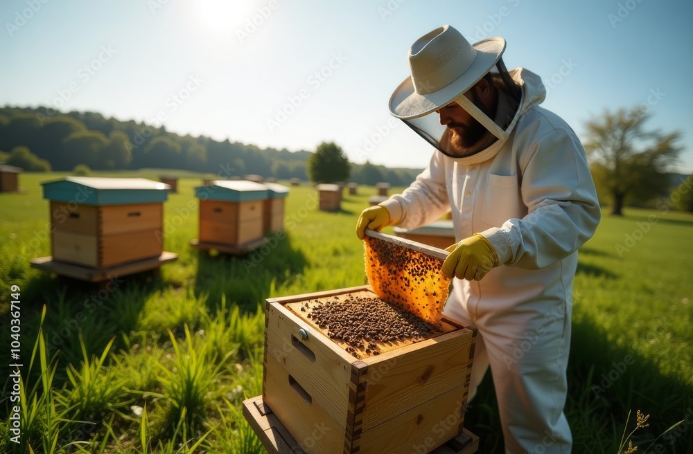 A man in a beekeeper's suit is working in a field with several beehives A man in a beekeeper's suit is working in a field with several beehives