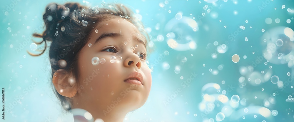 Girl with bubbles on turquoise background with bokeh effects. Children dreams and fantasy content marketing Girl with bubbles on turquoise background with bokeh effects. Children dreams and fantasy content marketing