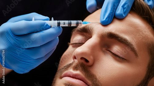 Man with closed eyes receives a botox injection in his forehead from a doctor wearing blue gloves