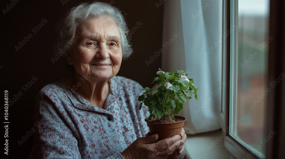 Elderly woman happily holds a flower pot by the window, admiring her beautiful plant Elderly woman happily holds a flower pot by the window, admiring her beautiful plant