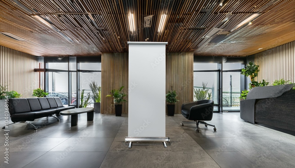 Obraz premium Sleek waiting room design featuring a roll-up banner for customizable displays in a modern office environment. 3D Render