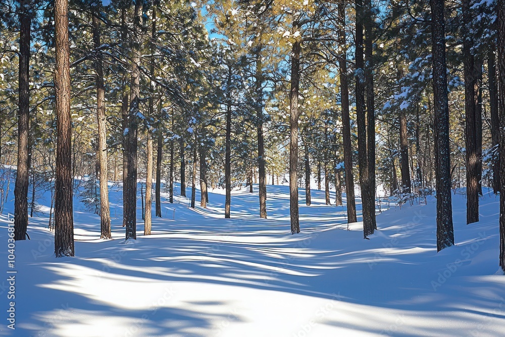 Dynamic blue shadows cast by pine trees on the snow-covered ground, highlighting the beauty of winter sunlight filtering through the forest Dynamic blue shadows cast by pine trees on the snow-covered ground, highlighting the beauty of winter sunlight filtering through the forest