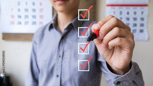 Person checking off tasks on a list, office environment. photo