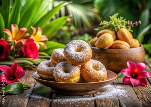 Vintage Tongan Keke Fried Doughnuts with Powdered Sugar on Rustic Plate in Tropical Setting photo