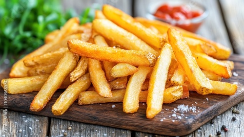 A close-up of a pile of golden french fries with salt, ketchup, and fresh herbs on a wooden board.