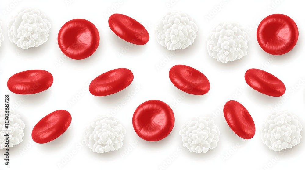 Digital art of red blood cells interacting with white blood cells, representing the immune system in action