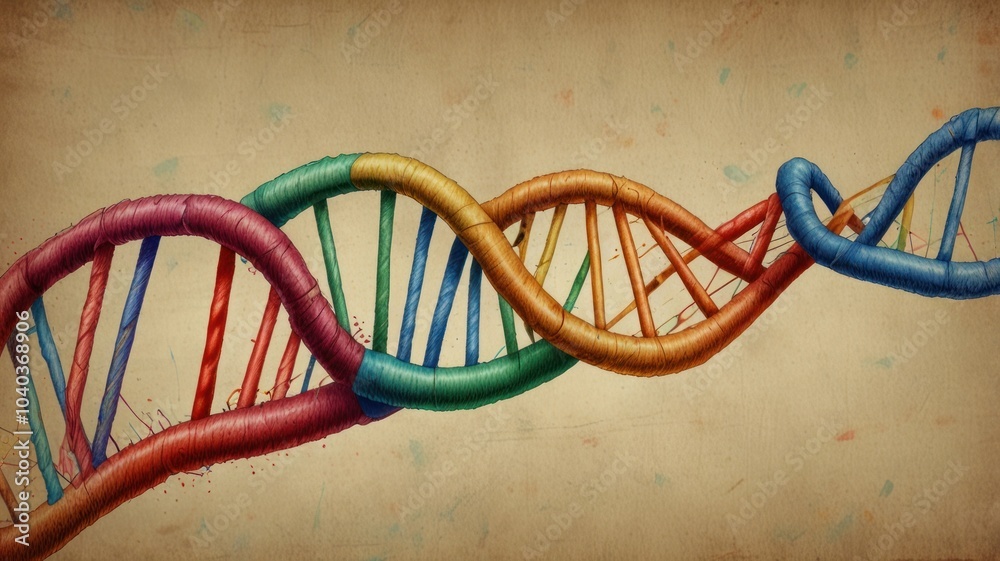 Colorful DNA double helix on a textured background.
