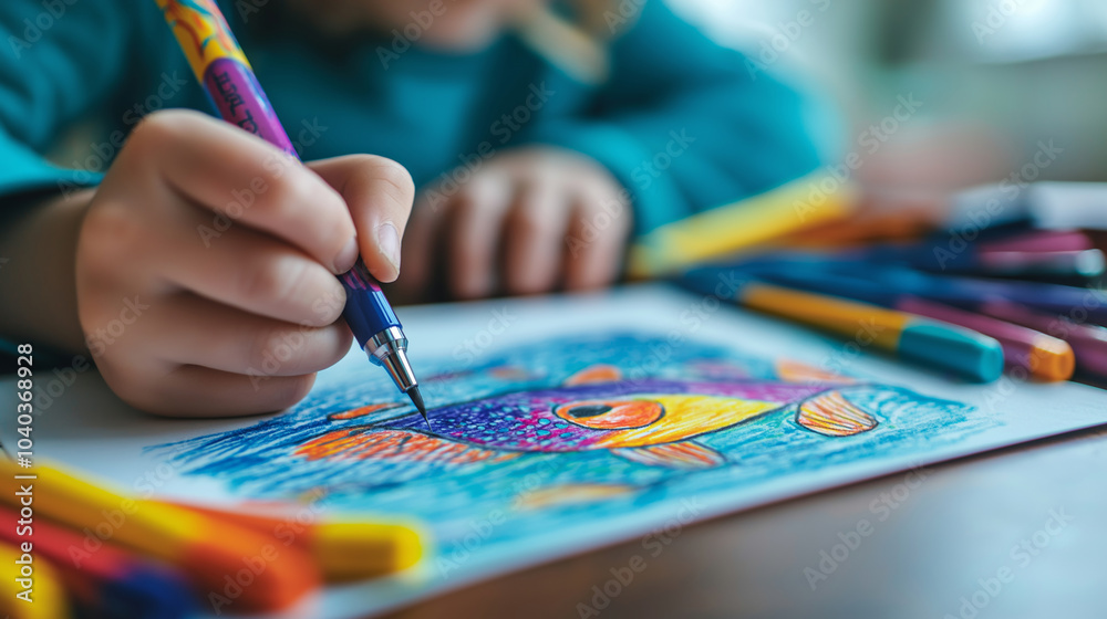 Young artist meticulously uses markers to bring a fish drawing to life, showcasing their imagination at home