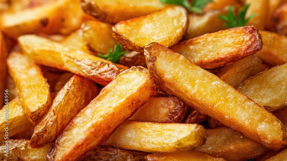 Close-up of golden brown, crispy french fries with parsley garnish. Close-up of golden brown, crispy french fries with parsley garnish.