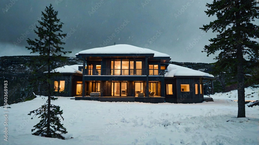 Naklejka premium A Luxury Forest Cabin on a Moody Snowy Day V1