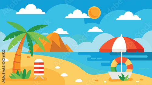 A cartoon beach scene with a palm tree, beach umbrella, lifeguard stand, and a life ring. The background features a blue sky with white clouds and a bright orange sun.