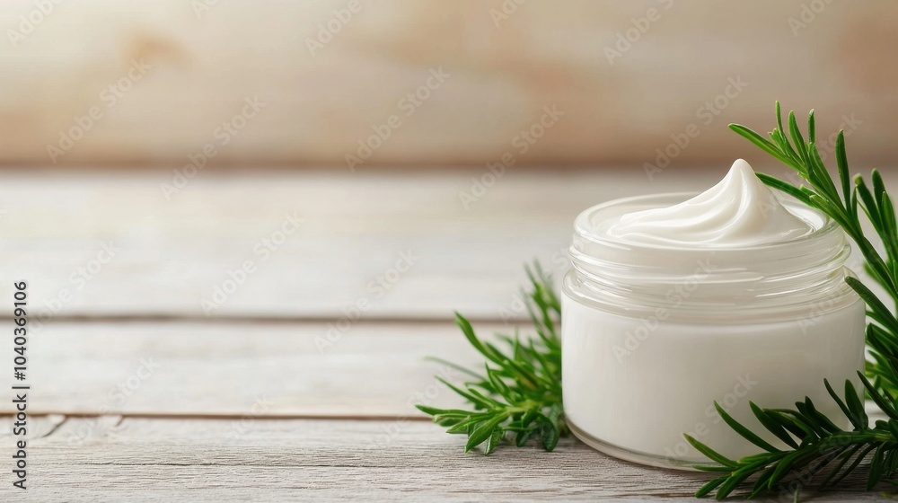 Cream in jar with green leaves on rustic wooden background. Cream in jar with green leaves on rustic wooden background.