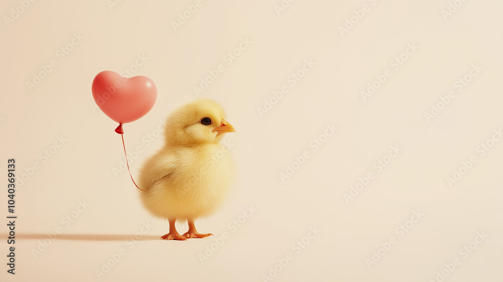 Tiny yellow chick strolls on a creamy backdrop with a heart-shaped balloon attached to its leg Tiny yellow chick strolls on a creamy backdrop with a heart-shaped balloon attached to its leg