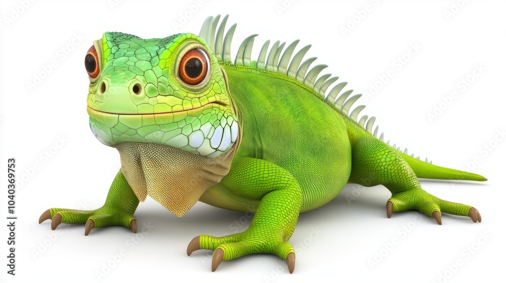 A green iguana with a bright orange eye looking straight ahead. A green iguana with a bright orange eye looking straight ahead.