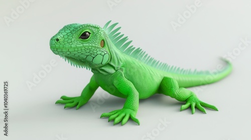 A green iguana lizard with a spiky crest on its back, viewed from the side, looking to the left, isolated on a white background.