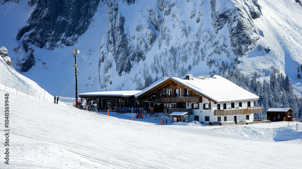 Skiers having fun on a sunny day at a ski resort, with a mountain chalet restaurant and snow-capped peaks in the backdrop Skiers having fun on a sunny day at a ski resort, with a mountain chalet restaurant and snow-capped peaks in the backdrop