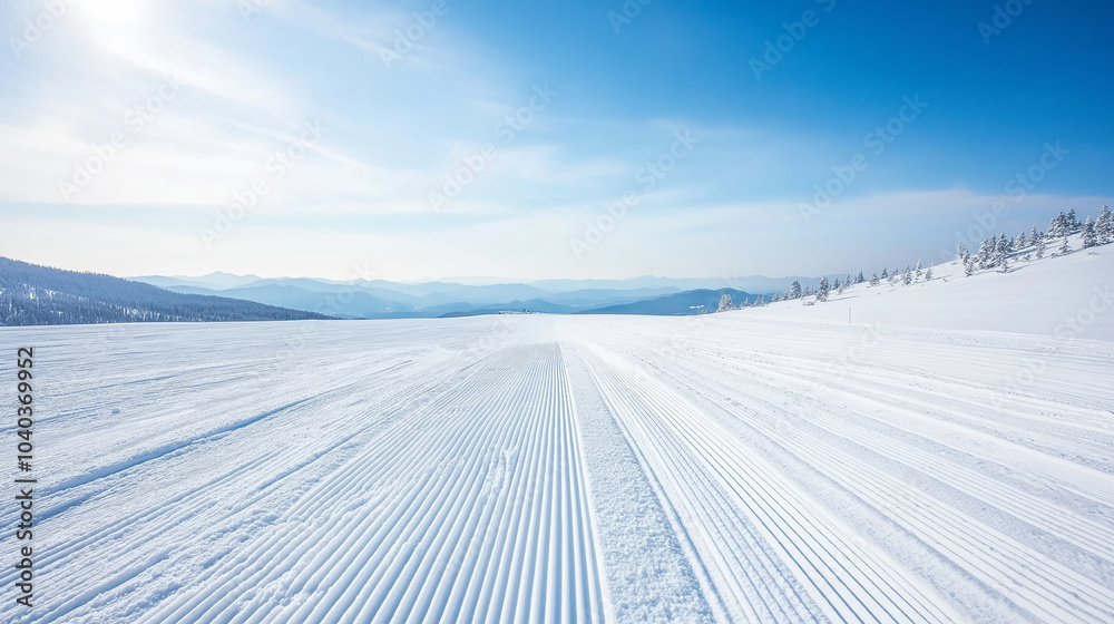 The sun illuminates a vast ski slope that extends across the snowy mountains The sun illuminates a vast ski slope that extends across the snowy mountains