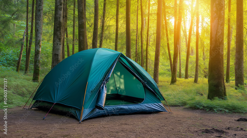 Serene forest scene with a green camping tent illuminated by gentle sunlight filtering through the trees Serene forest scene with a green camping tent illuminated by gentle sunlight filtering through the trees