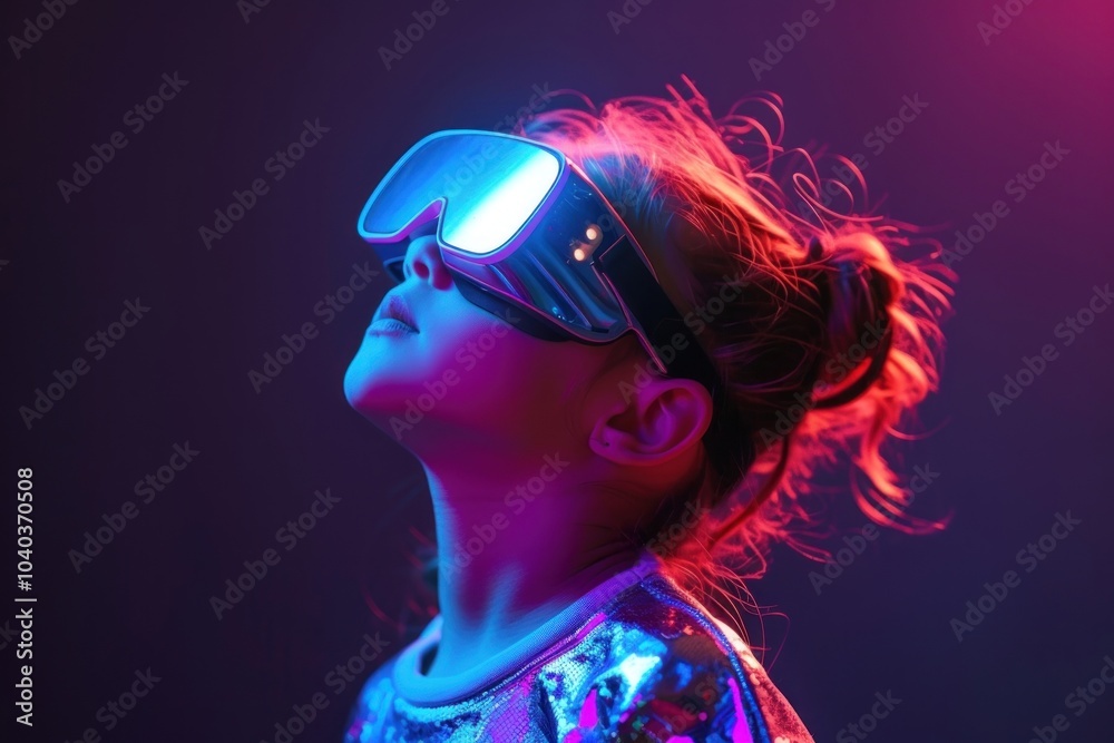 Fototapeta premium Kid girl wearing vr glasses light portrait purple.