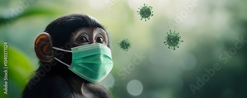 Sick monkey in medical mask and orthopoxvirus MPOX cells. Transmission monkeypox virus viral of animals to humans. Pox viral infection. Smallpox vaccine, control spread of disease photo