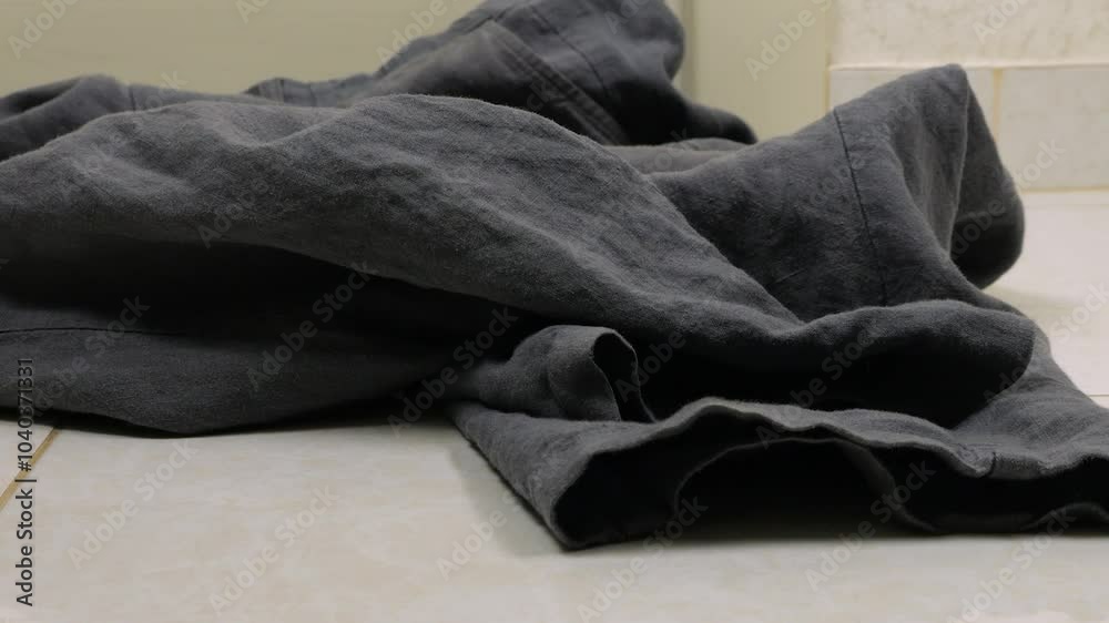Men's trousers are thrown on the tiled floor. The theme of washing, sorting clothes and cleaning the house. Men's trousers are thrown on the tiled floor. The theme of washing, sorting clothes and cleaning the house.