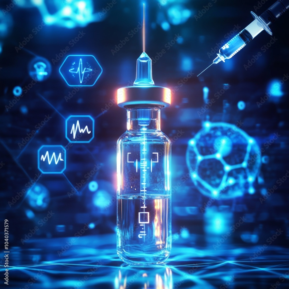A futuristic medical scene featuring a glowing syringe and vial. This digital art captures the essence of healthcare innovation and technological advancement. Ideal for medical or science projects. AI A futuristic medical scene featuring a glowing syringe and vial. This digital art captures the essence of healthcare innovation and technological advancement. Ideal for medical or science projects. AI