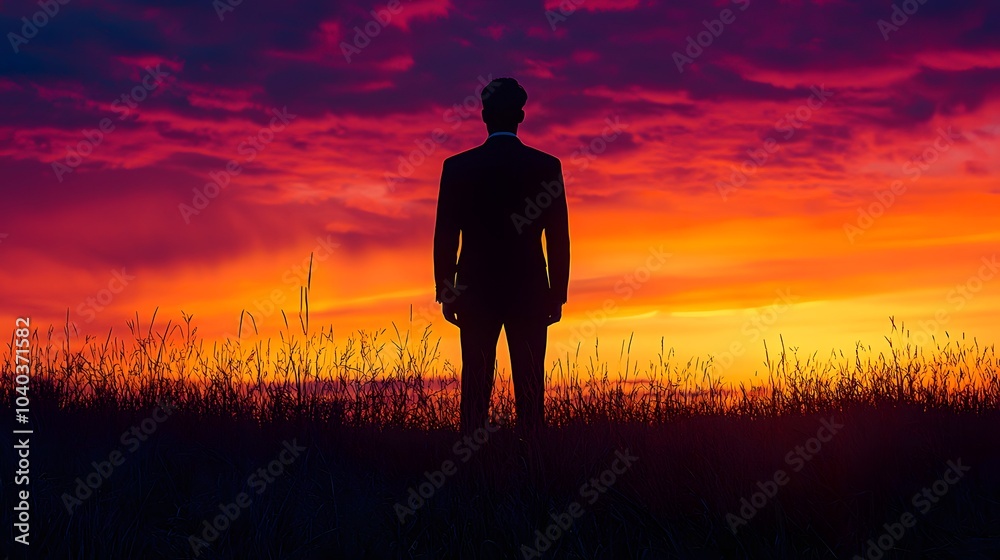Silhouette of a man in a suit against a vibrant sunset sky. Silhouette of a man in a suit against a vibrant sunset sky.