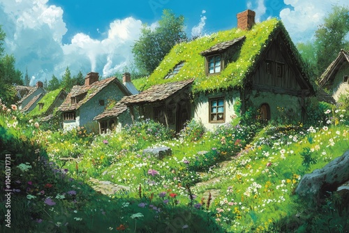 a painting of a house with a green roof