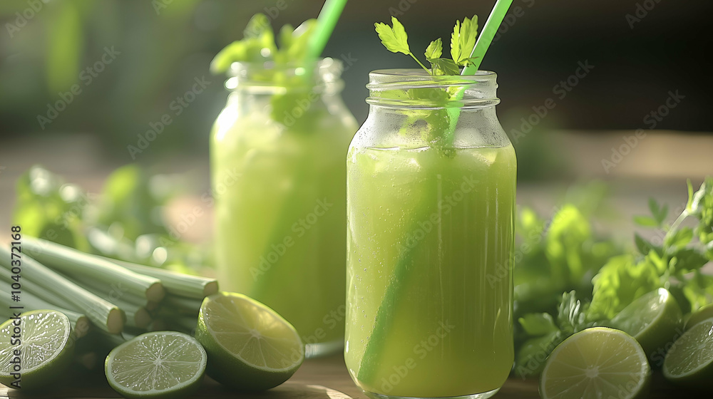 A refreshing drink made from lemongrass and lime, served chilled in mason jars with fresh herb garnishes. The vibrant green color and natural ingredients make this a perfect summer refreshment. A refreshing drink made from lemongrass and lime, served chilled in mason jars with fresh herb garnishes. The vibrant green color and natural ingredients make this a perfect summer refreshment.