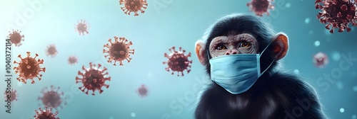 Sick monkey in medical mask and orthopoxvirus MPOX cells. Transmission monkeypox virus viral of animals to humans. Pox viral infection. Smallpox vaccine, control spread of disease photo