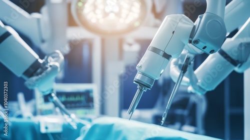 AI-powered robotic surgery theater, hospital operating room with surgical robots and medical team, Innovative style photo