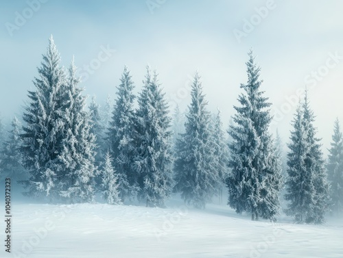 Enchanting scene of fir trees enveloped in mist, creating a magical winter atmosphere