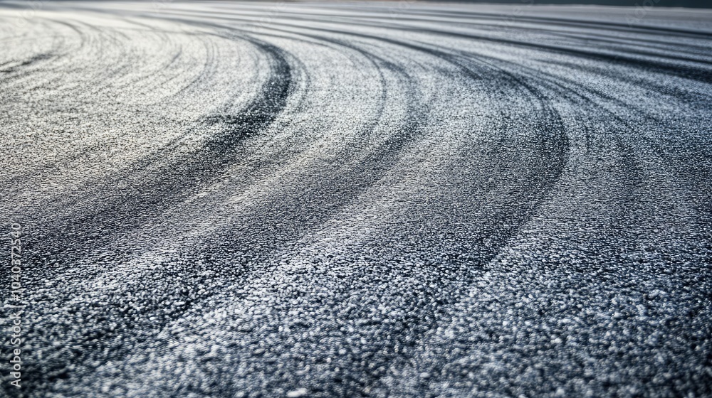 Formula 1 track with skid marks on the asphalt from aggressive braking and cornering during a high-speed race Formula 1 track with skid marks on the asphalt from aggressive braking and cornering during a high-speed race