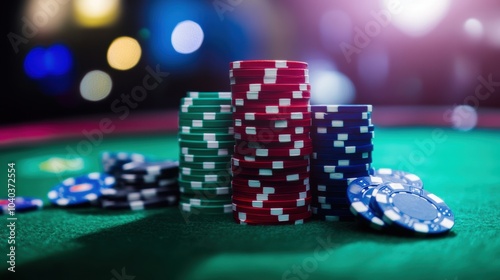 Colorful casino chips are stacked high on a gaming table, creating an enticing display as players enjoy their night at the casino. Generative AI photo