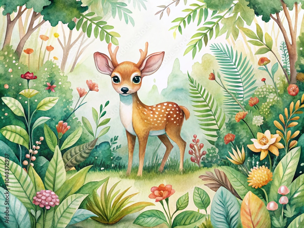Fototapeta premium Watercolor Deer Illustration in a Woodland Setting for Kids' Decor and Nature-Themed Art