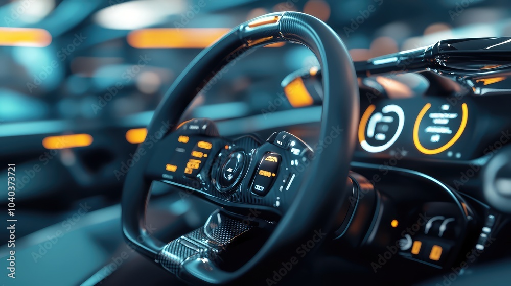 Obraz premium Close-up of a Formula 1 steering wheel with various buttons and dials, showcasing advanced technology