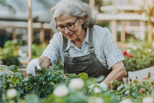 Summer photo of an elderly woman tending to her rose garden, with the warm glow from the sunlight highlighting the delicate petals and creating a serene atmosphere