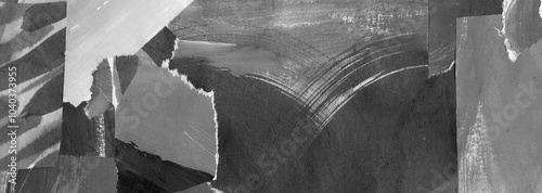 Black gray abstract collage, torn paper pieces glued, horizontal banner background, painted ink texture