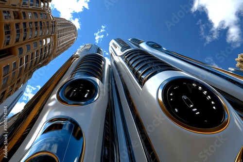 3D digital rendering of a futuristic Objectivist city, with clean lines and towering structures representing individual achievement and rational design photo