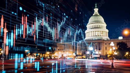 The U.S. Capitol building at night, overlaid with stock market charts and city light trails, symbolizing the intersection of politics, finance, and economic data.