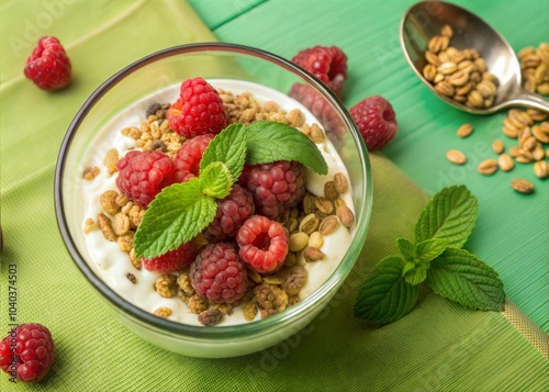 Tasty homemade breakfast with Greek yogurt, ripe sweet raspberries, granila and mint leaves