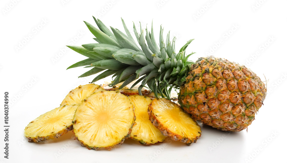 Pineapple whole and sliced scattered around background concept isolated white Pineapple whole and sliced scattered around background concept isolated white
