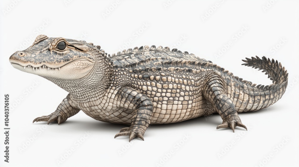 A small alligator with brown and green scales, a long snout, and sharp teeth, is isolated on a white background. A small alligator with brown and green scales, a long snout, and sharp teeth, is isolated on a white background.