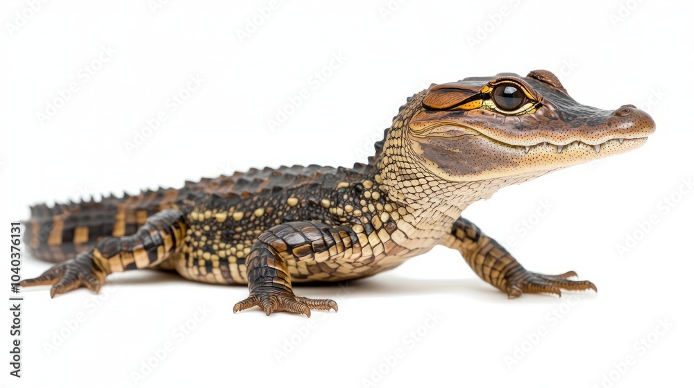 A small alligator with brown and yellow scales, looking to the right, isolated on a white background. A small alligator with brown and yellow scales, looking to the right, isolated on a white background.