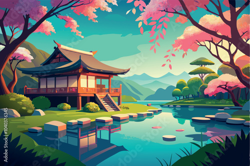 Japanese garden with pond, sakura blossom and mountains on the background vector flat illustration