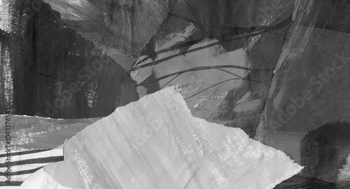 Black gray abstract collage, torn paper pieces glued, horizontal banner background, painted ink texture